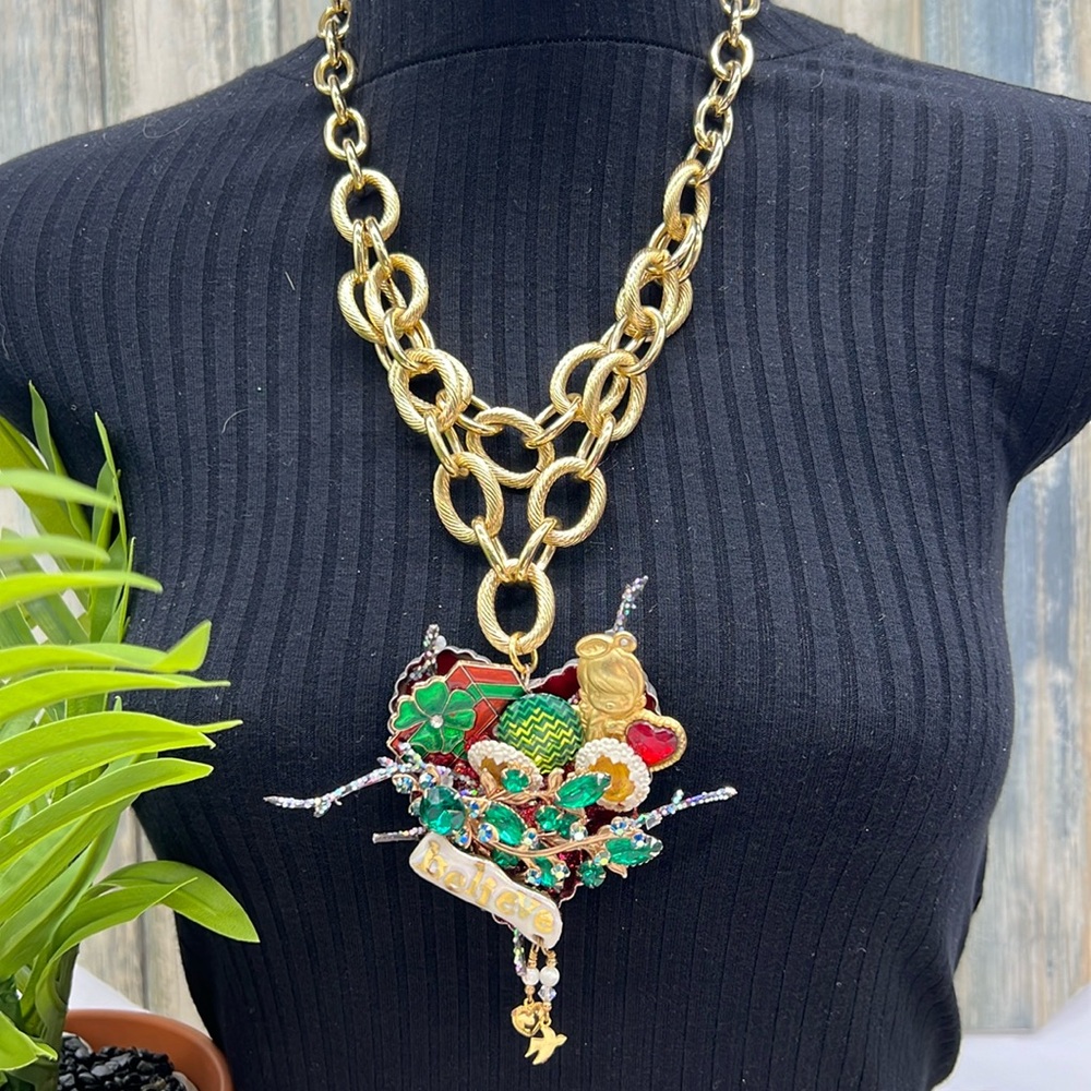 👑Adorned Crown Jewelry assemblage Christmas believe angel cluster necklace